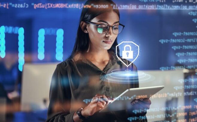 cyber security woman with tablet