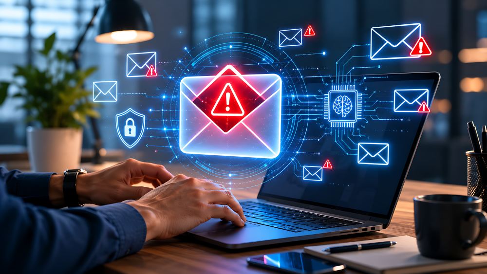 AI cybersecurity system scanning for email phishing threats and spam alerts on a laptop computer screen while a corporate professional types on the keyboard at night Example Post Image